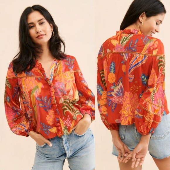 FARM Rio Tops - FARM Rio Mystic Bush Buttoned Blouse Red Boho Sz S